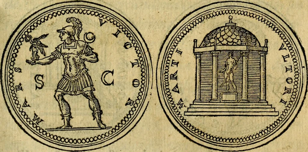 An illustration from La sententiose imprese, et dialogo del Symeone. Con la verificatione del sito di Gergobia, la geografia d'Ouernia, la figura & tempio d'Apolline in Velay; & il suo hieroglyfico monumento, natiuità, vita & epitaffio, 1560, leaf 234