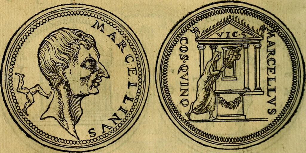 An illustration from La sententiose imprese, et dialogo del Symeone. Con la verificatione del sito di Gergobia, la geografia d'Ouernia, la figura & tempio d'Apolline in Velay; & il suo hieroglyfico monumento, natiuità, vita & epitaffio, 1560, leaf 235