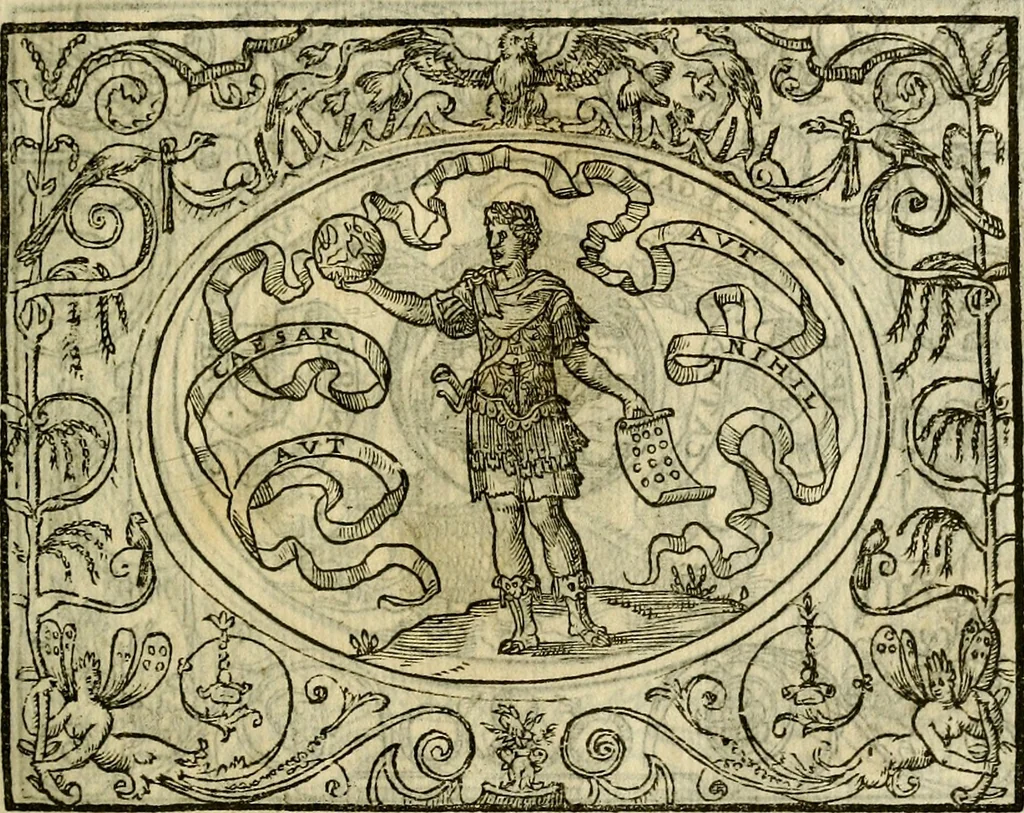 An illustration from La sententiose imprese, et dialogo del Symeone. Con la verificatione del sito di Gergobia, la geografia d'Ouernia, la figura & tempio d'Apolline in Velay; & il suo hieroglyfico monumento, natiuità, vita & epitaffio, 1560, leaf 24
