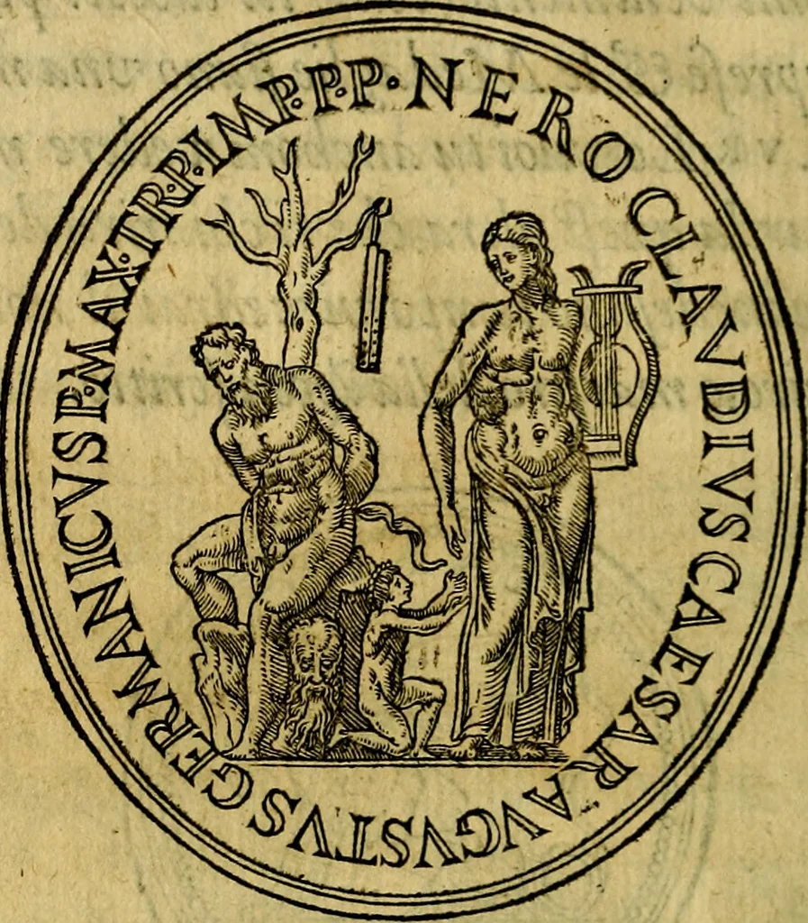An illustration from La sententiose imprese, et dialogo del Symeone. Con la verificatione del sito di Gergobia, la geografia d'Ouernia, la figura & tempio d'Apolline in Velay; & il suo hieroglyfico monumento, natiuità, vita & epitaffio, 1560, leaf 241