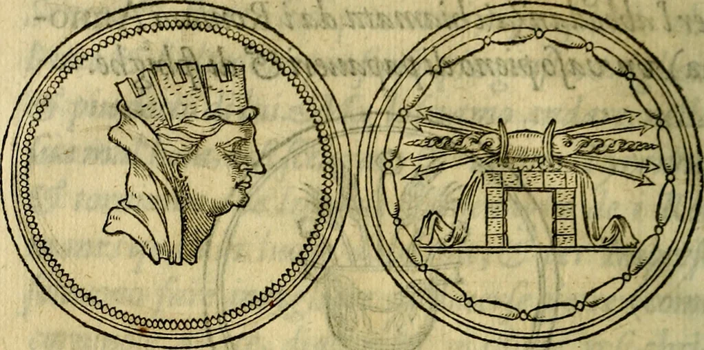 An illustration from La sententiose imprese, et dialogo del Symeone. Con la verificatione del sito di Gergobia, la geografia d'Ouernia, la figura & tempio d'Apolline in Velay; & il suo hieroglyfico monumento, natiuità, vita & epitaffio, 1560, leaf 245