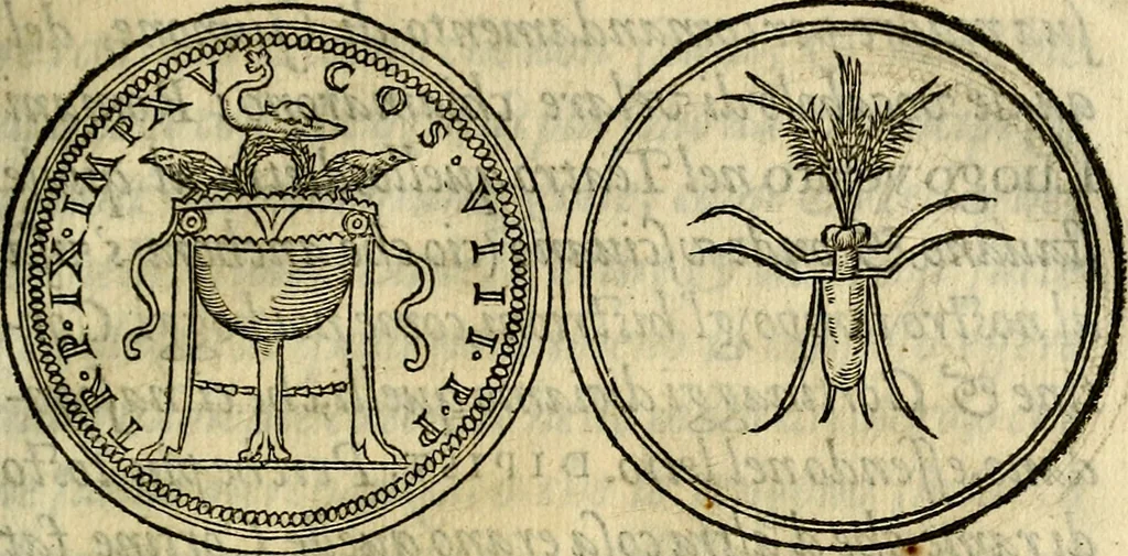 An illustration from La sententiose imprese, et dialogo del Symeone. Con la verificatione del sito di Gergobia, la geografia d'Ouernia, la figura & tempio d'Apolline in Velay; & il suo hieroglyfico monumento, natiuità, vita & epitaffio, 1560, leaf 246