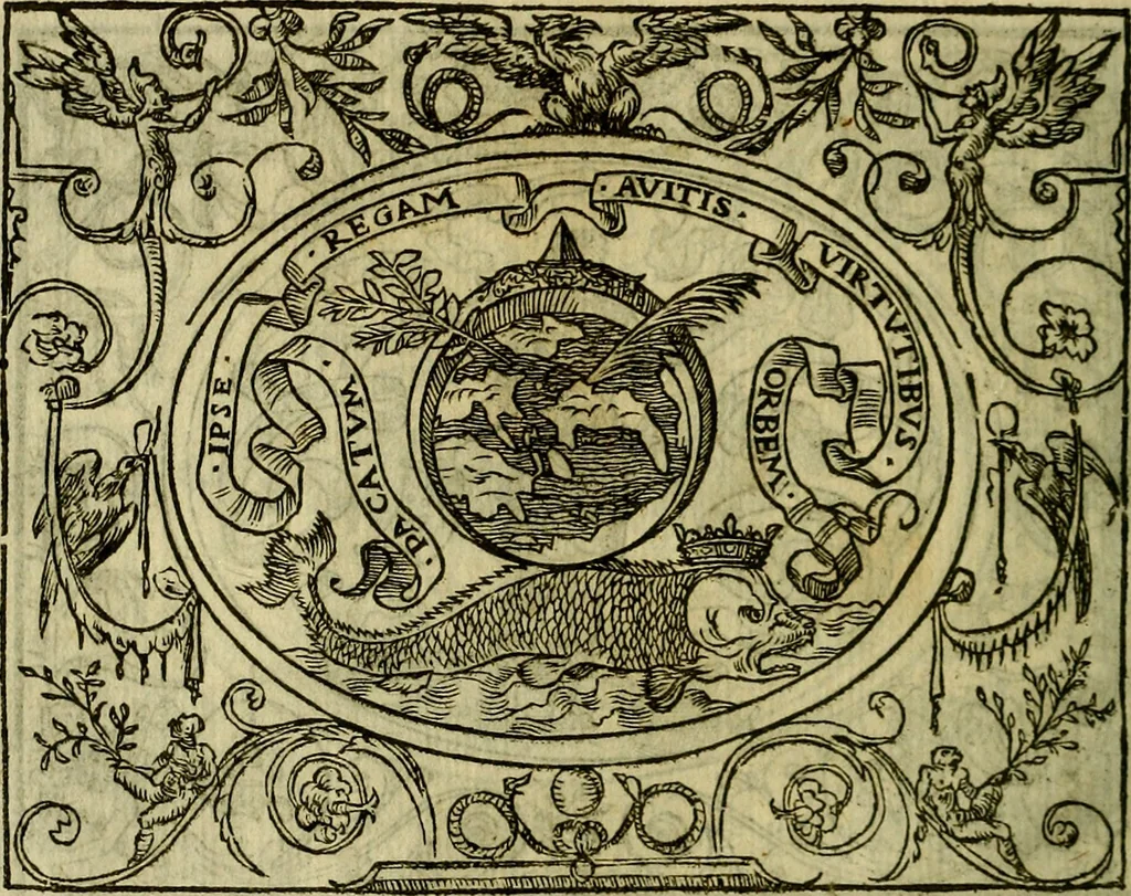 An illustration from La sententiose imprese, et dialogo del Symeone. Con la verificatione del sito di Gergobia, la geografia d'Ouernia, la figura & tempio d'Apolline in Velay; & il suo hieroglyfico monumento, natiuità, vita & epitaffio, 1560, leaf 25