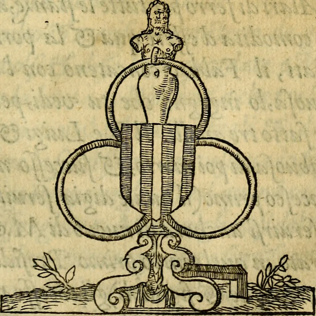 An illustration from La sententiose imprese, et dialogo del Symeone. Con la verificatione del sito di Gergobia, la geografia d'Ouernia, la figura & tempio d'Apolline in Velay; & il suo hieroglyfico monumento, natiuità, vita & epitaffio, 1560, leaf 250