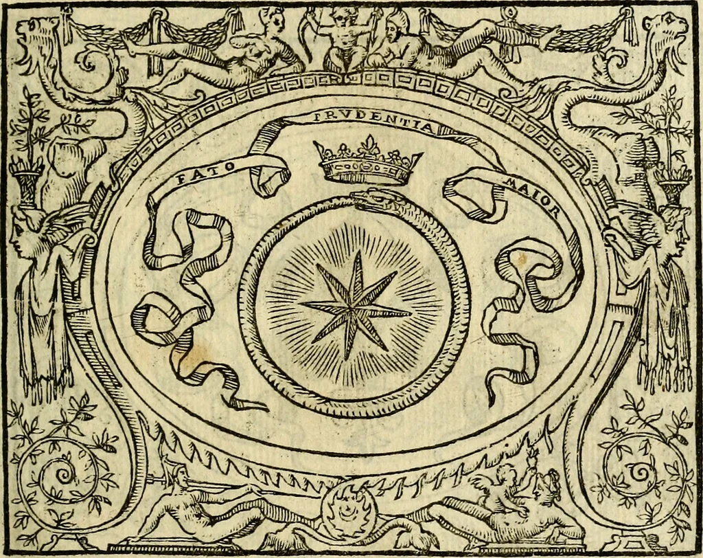 An illustration from La sententiose imprese, et dialogo del Symeone. Con la verificatione del sito di Gergobia, la geografia d'Ouernia, la figura & tempio d'Apolline in Velay; & il suo hieroglyfico monumento, natiuità, vita & epitaffio, 1560, leaf 26