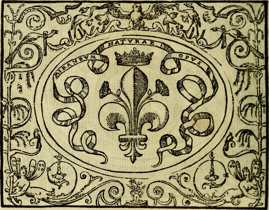 An illustration from La sententiose imprese, et dialogo del Symeone. Con la verificatione del sito di Gergobia, la geografia d'Ouernia, la figura & tempio d'Apolline in Velay; & il suo hieroglyfico monumento, natiuità, vita & epitaffio, 1560, leaf 27