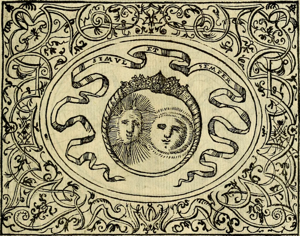 An illustration from La sententiose imprese, et dialogo del Symeone. Con la verificatione del sito di Gergobia, la geografia d'Ouernia, la figura & tempio d'Apolline in Velay; & il suo hieroglyfico monumento, natiuità, vita & epitaffio, 1560, leaf 28