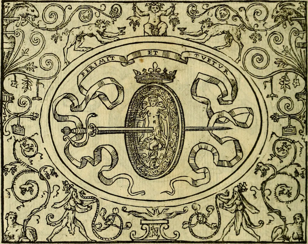 An illustration from La sententiose imprese, et dialogo del Symeone. Con la verificatione del sito di Gergobia, la geografia d'Ouernia, la figura & tempio d'Apolline in Velay; & il suo hieroglyfico monumento, natiuità, vita & epitaffio, 1560, leaf 29