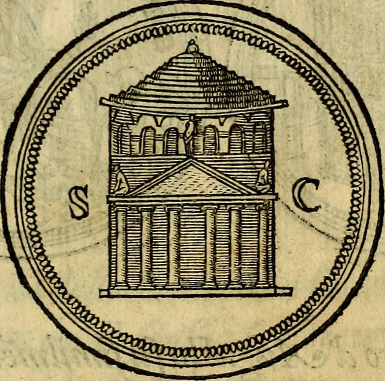An illustration from La sententiose imprese, et dialogo del Symeone. Con la verificatione del sito di Gergobia, la geografia d'Ouernia, la figura & tempio d'Apolline in Velay; & il suo hieroglyfico monumento, natiuità, vita & epitaffio, 1560, leaf 290