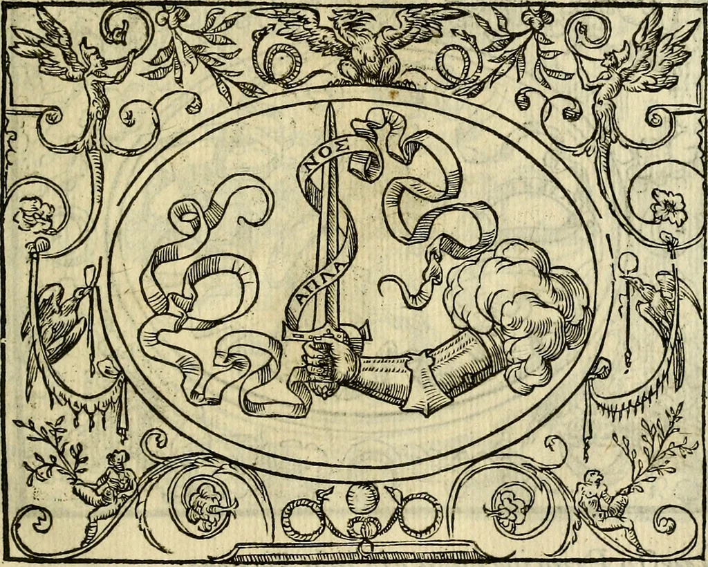 An illustration from La sententiose imprese, et dialogo del Symeone. Con la verificatione del sito di Gergobia, la geografia d'Ouernia, la figura & tempio d'Apolline in Velay; & il suo hieroglyfico monumento, natiuità, vita & epitaffio, 1560, leaf 30
