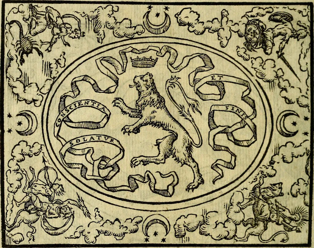 An illustration from La sententiose imprese, et dialogo del Symeone. Con la verificatione del sito di Gergobia, la geografia d'Ouernia, la figura & tempio d'Apolline in Velay; & il suo hieroglyfico monumento, natiuità, vita & epitaffio, 1560, leaf 31