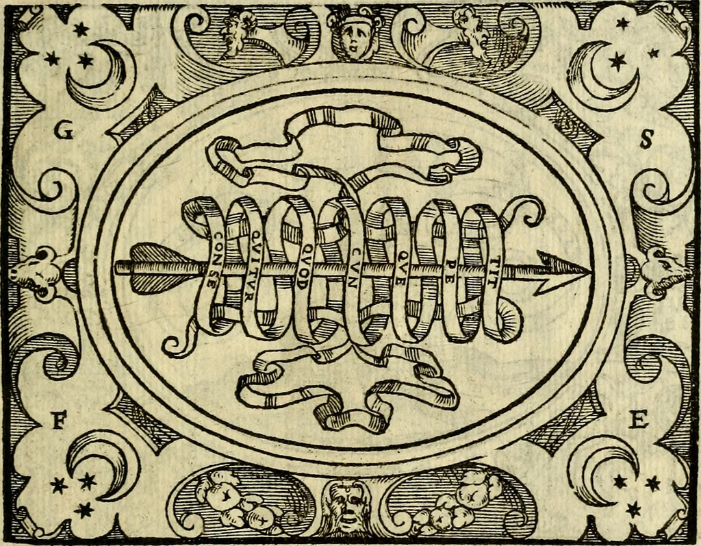 An illustration from La sententiose imprese, et dialogo del Symeone. Con la verificatione del sito di Gergobia, la geografia d'Ouernia, la figura & tempio d'Apolline in Velay; & il suo hieroglyfico monumento, natiuità, vita & epitaffio, 1560, leaf 32