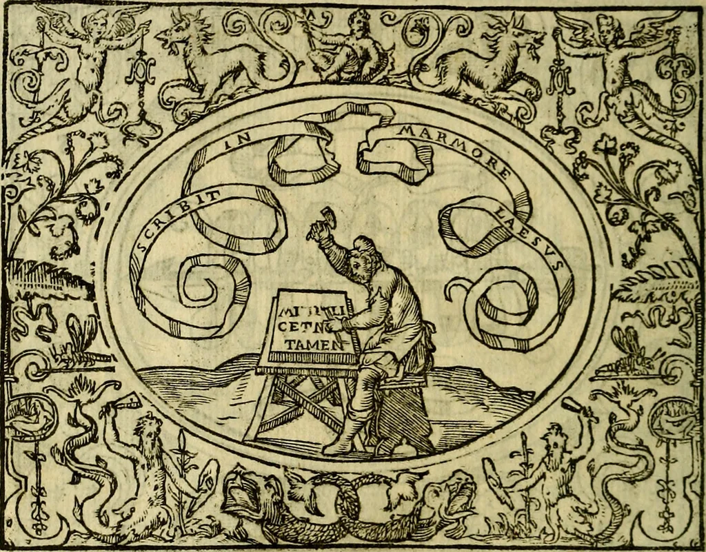 An illustration from La sententiose imprese, et dialogo del Symeone. Con la verificatione del sito di Gergobia, la geografia d'Ouernia, la figura & tempio d'Apolline in Velay; & il suo hieroglyfico monumento, natiuità, vita & epitaffio, 1560, leaf 33