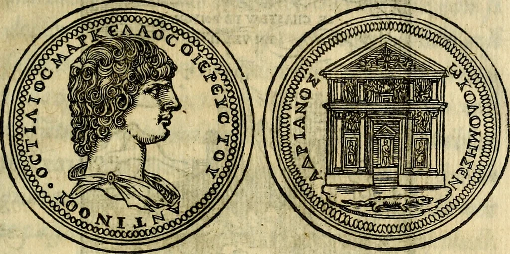 An illustration from La sententiose imprese, et dialogo del Symeone. Con la verificatione del sito di Gergobia, la geografia d'Ouernia, la figura & tempio d'Apolline in Velay; & il suo hieroglyfico monumento, natiuità, vita & epitaffio, 1560, leaf 336
