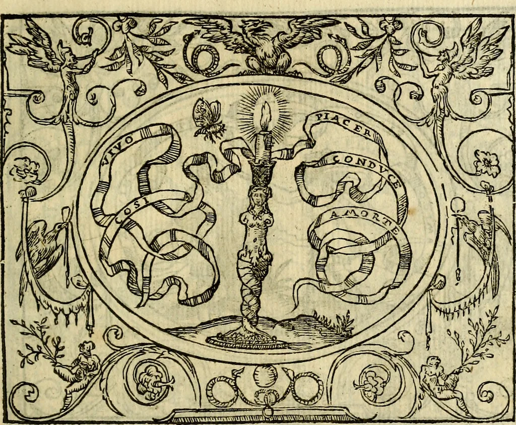 An illustration from La sententiose imprese, et dialogo del Symeone. Con la verificatione del sito di Gergobia, la geografia d'Ouernia, la figura & tempio d'Apolline in Velay; & il suo hieroglyfico monumento, natiuità, vita & epitaffio, 1560, leaf 34