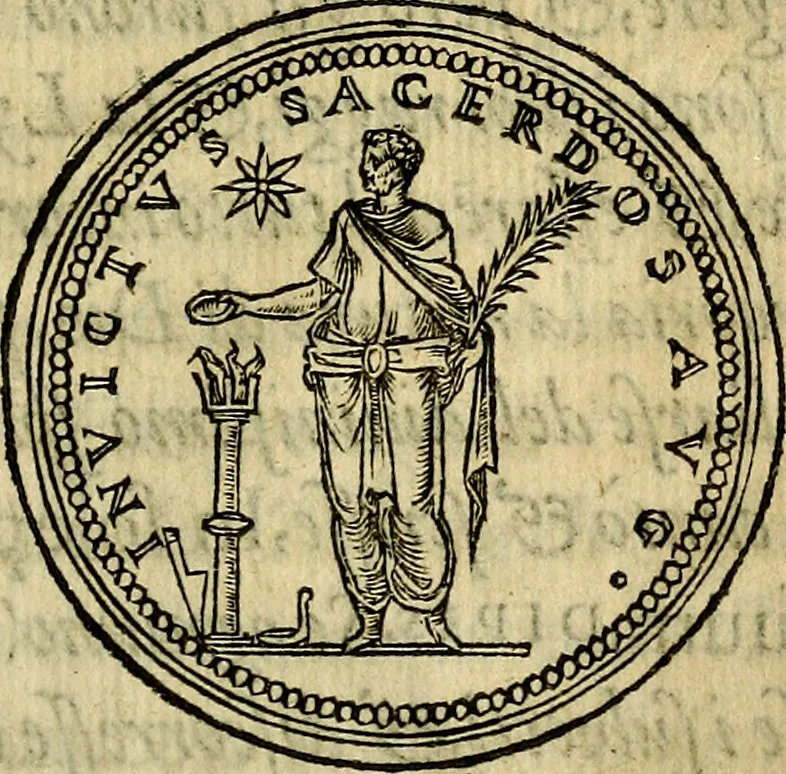 An illustration from La sententiose imprese, et dialogo del Symeone. Con la verificatione del sito di Gergobia, la geografia d'Ouernia, la figura & tempio d'Apolline in Velay; & il suo hieroglyfico monumento, natiuità, vita & epitaffio, 1560, leaf 342