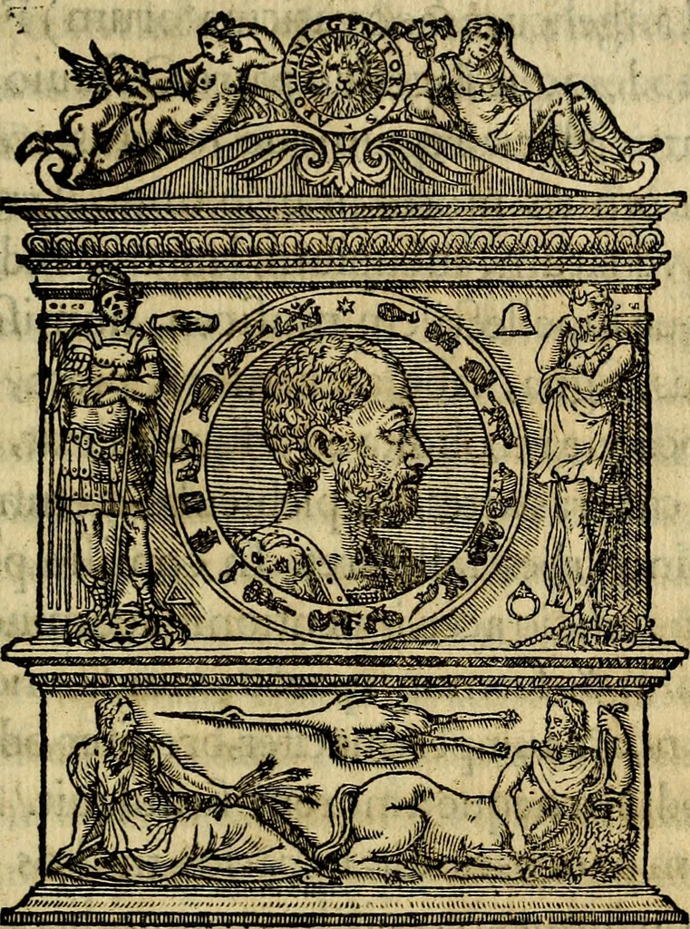 An illustration from La sententiose imprese, et dialogo del Symeone. Con la verificatione del sito di Gergobia, la geografia d'Ouernia, la figura & tempio d'Apolline in Velay; & il suo hieroglyfico monumento, natiuità, vita & epitaffio, 1560, leaf 348
