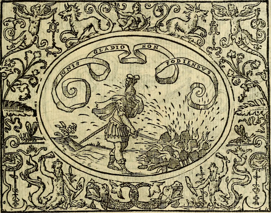 An illustration from La sententiose imprese, et dialogo del Symeone. Con la verificatione del sito di Gergobia, la geografia d'Ouernia, la figura & tempio d'Apolline in Velay; & il suo hieroglyfico monumento, natiuità, vita & epitaffio, 1560, leaf 36