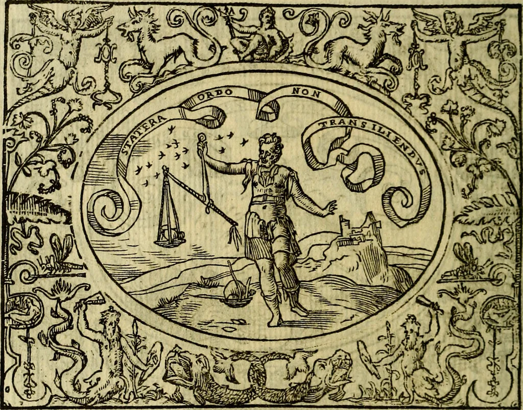 An illustration from La sententiose imprese, et dialogo del Symeone. Con la verificatione del sito di Gergobia, la geografia d'Ouernia, la figura & tempio d'Apolline in Velay; & il suo hieroglyfico monumento, natiuità, vita & epitaffio, 1560, leaf 37