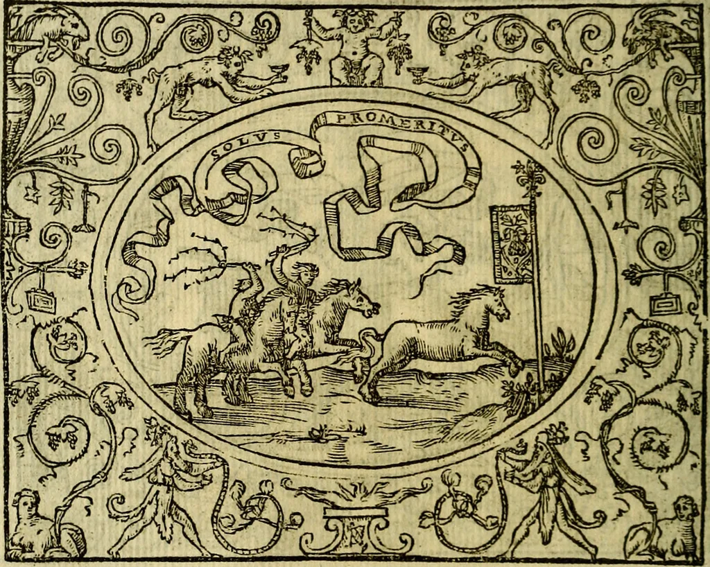An illustration from La sententiose imprese, et dialogo del Symeone. Con la verificatione del sito di Gergobia, la geografia d'Ouernia, la figura & tempio d'Apolline in Velay; & il suo hieroglyfico monumento, natiuità, vita & epitaffio, 1560, leaf 39