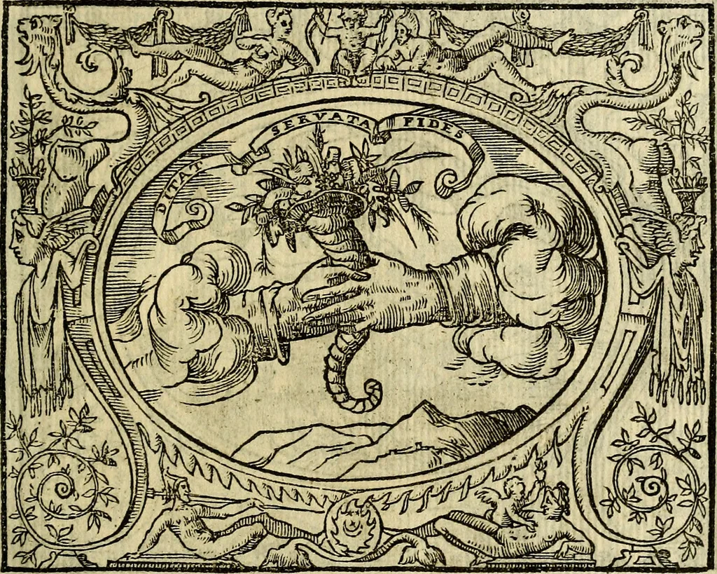 An illustration from La sententiose imprese, et dialogo del Symeone. Con la verificatione del sito di Gergobia, la geografia d'Ouernia, la figura & tempio d'Apolline in Velay; & il suo hieroglyfico monumento, natiuità, vita & epitaffio, 1560, leaf 40