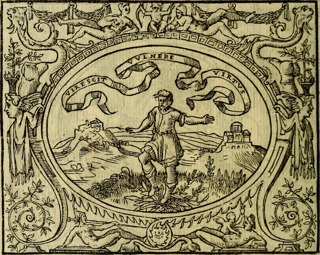 An illustration from La sententiose imprese, et dialogo del Symeone. Con la verificatione del sito di Gergobia, la geografia d'Ouernia, la figura & tempio d'Apolline in Velay; & il suo hieroglyfico monumento, natiuità, vita & epitaffio, 1560, leaf 41
