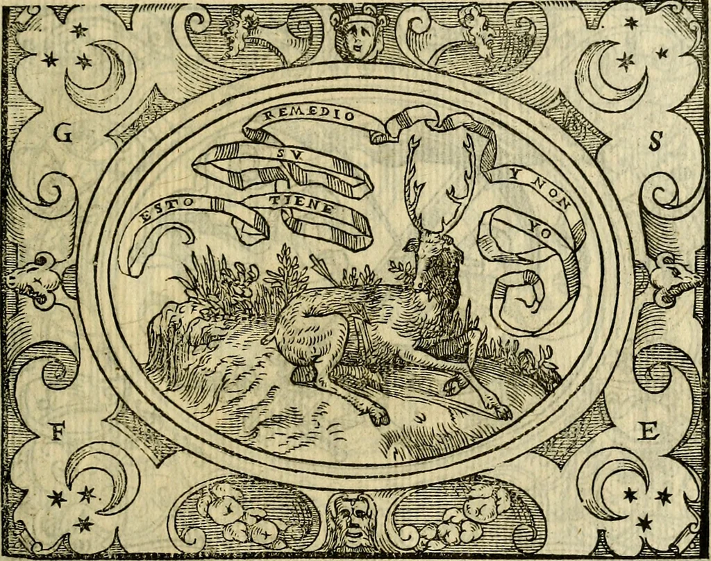 An illustration from La sententiose imprese, et dialogo del Symeone. Con la verificatione del sito di Gergobia, la geografia d'Ouernia, la figura & tempio d'Apolline in Velay; & il suo hieroglyfico monumento, natiuità, vita & epitaffio, 1560, leaf 42