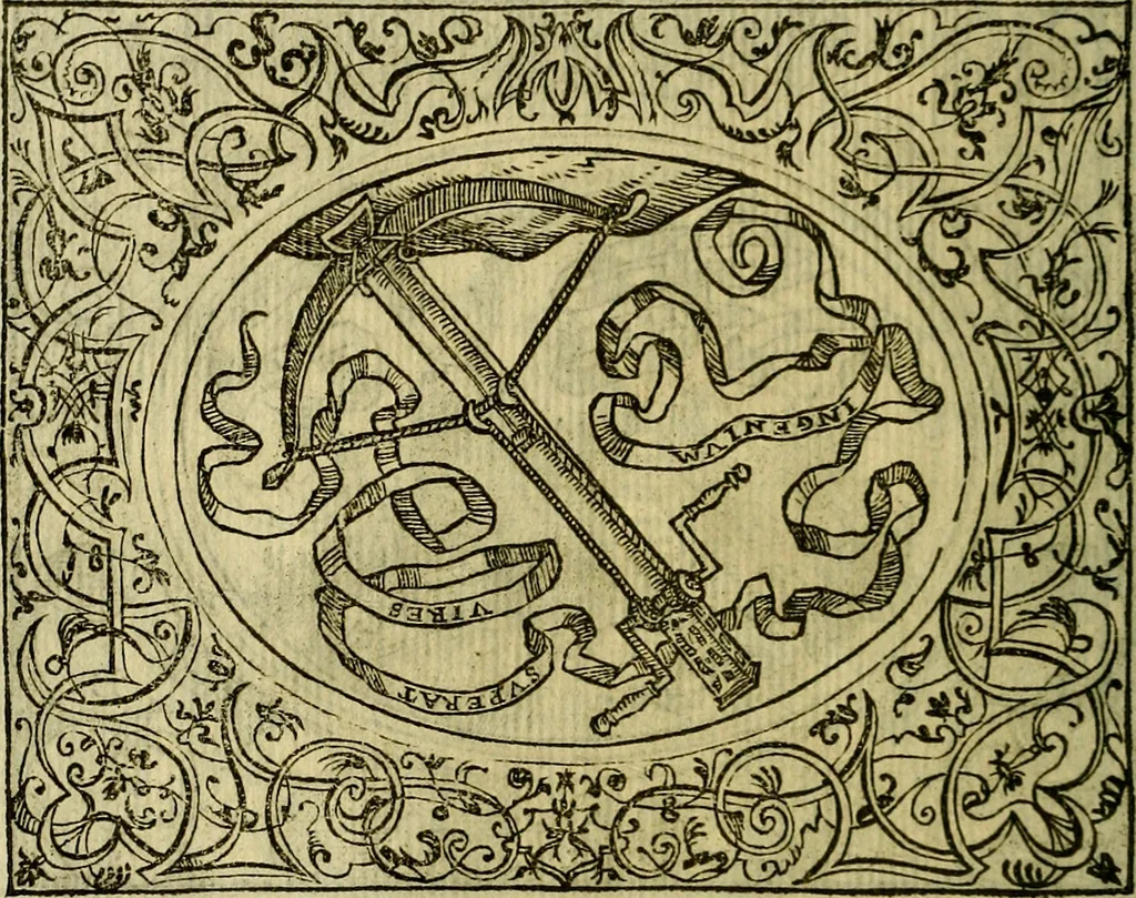 An illustration from La sententiose imprese, et dialogo del Symeone. Con la verificatione del sito di Gergobia, la geografia d'Ouernia, la figura & tempio d'Apolline in Velay; & il suo hieroglyfico monumento, natiuità, vita & epitaffio, 1560, leaf 43