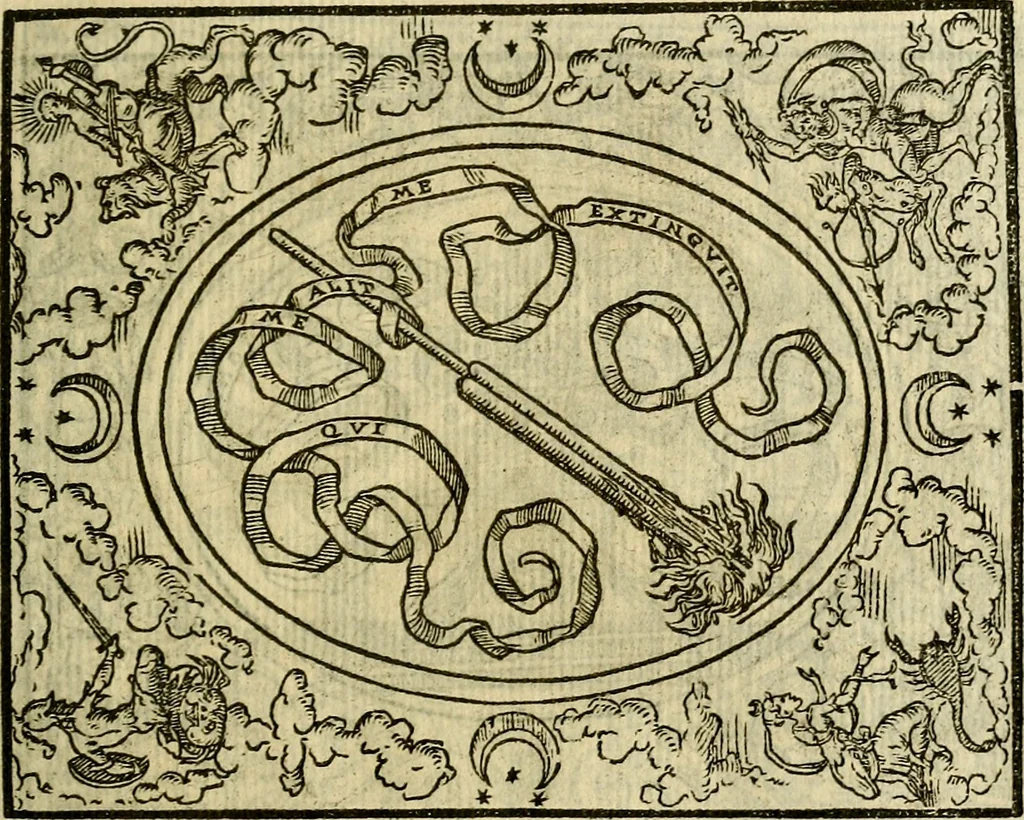 An illustration from La sententiose imprese, et dialogo del Symeone. Con la verificatione del sito di Gergobia, la geografia d'Ouernia, la figura & tempio d'Apolline in Velay; & il suo hieroglyfico monumento, natiuità, vita & epitaffio, 1560, leaf 44