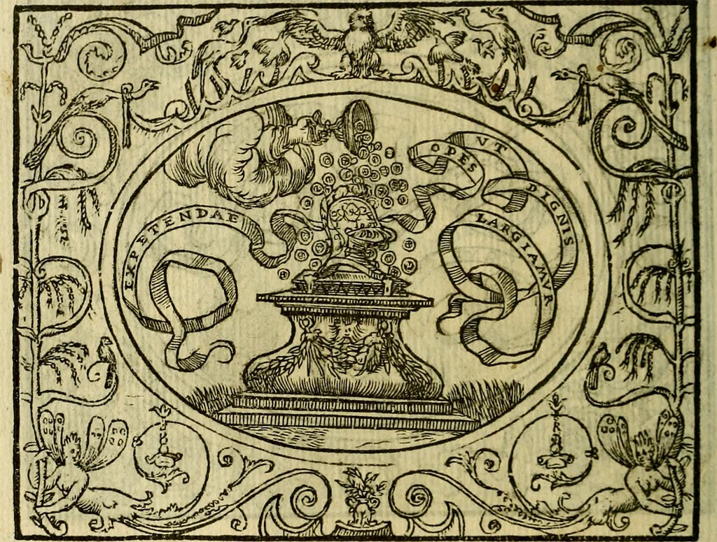 An illustration from La sententiose imprese, et dialogo del Symeone. Con la verificatione del sito di Gergobia, la geografia d'Ouernia, la figura & tempio d'Apolline in Velay; & il suo hieroglyfico monumento, natiuità, vita & epitaffio, 1560, leaf 45