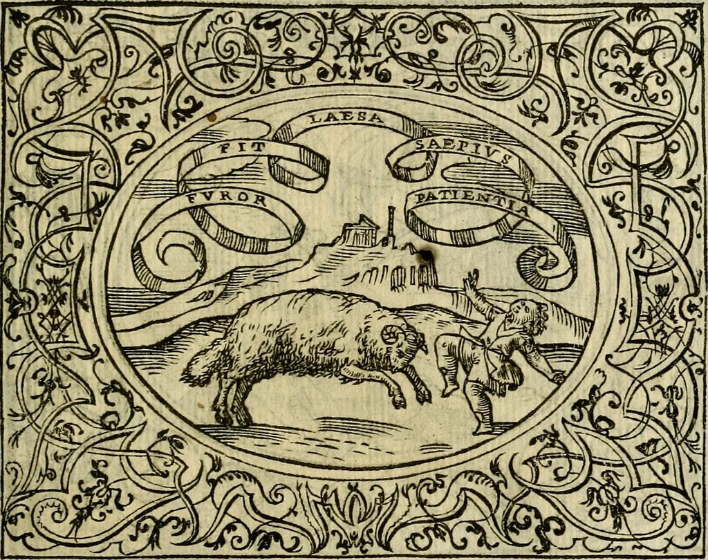 An illustration from La sententiose imprese, et dialogo del Symeone. Con la verificatione del sito di Gergobia, la geografia d'Ouernia, la figura & tempio d'Apolline in Velay; & il suo hieroglyfico monumento, natiuità, vita & epitaffio, 1560, leaf 46