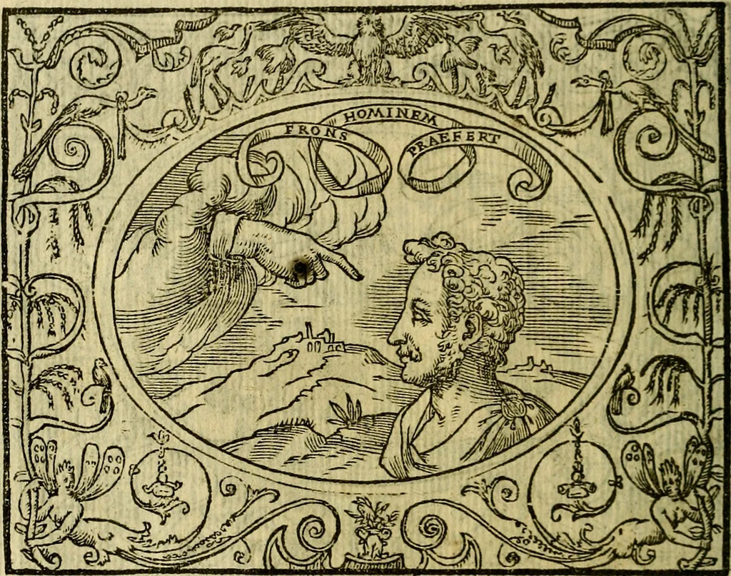 An illustration from La sententiose imprese, et dialogo del Symeone. Con la verificatione del sito di Gergobia, la geografia d'Ouernia, la figura & tempio d'Apolline in Velay; & il suo hieroglyfico monumento, natiuità, vita & epitaffio, 1560, leaf 47