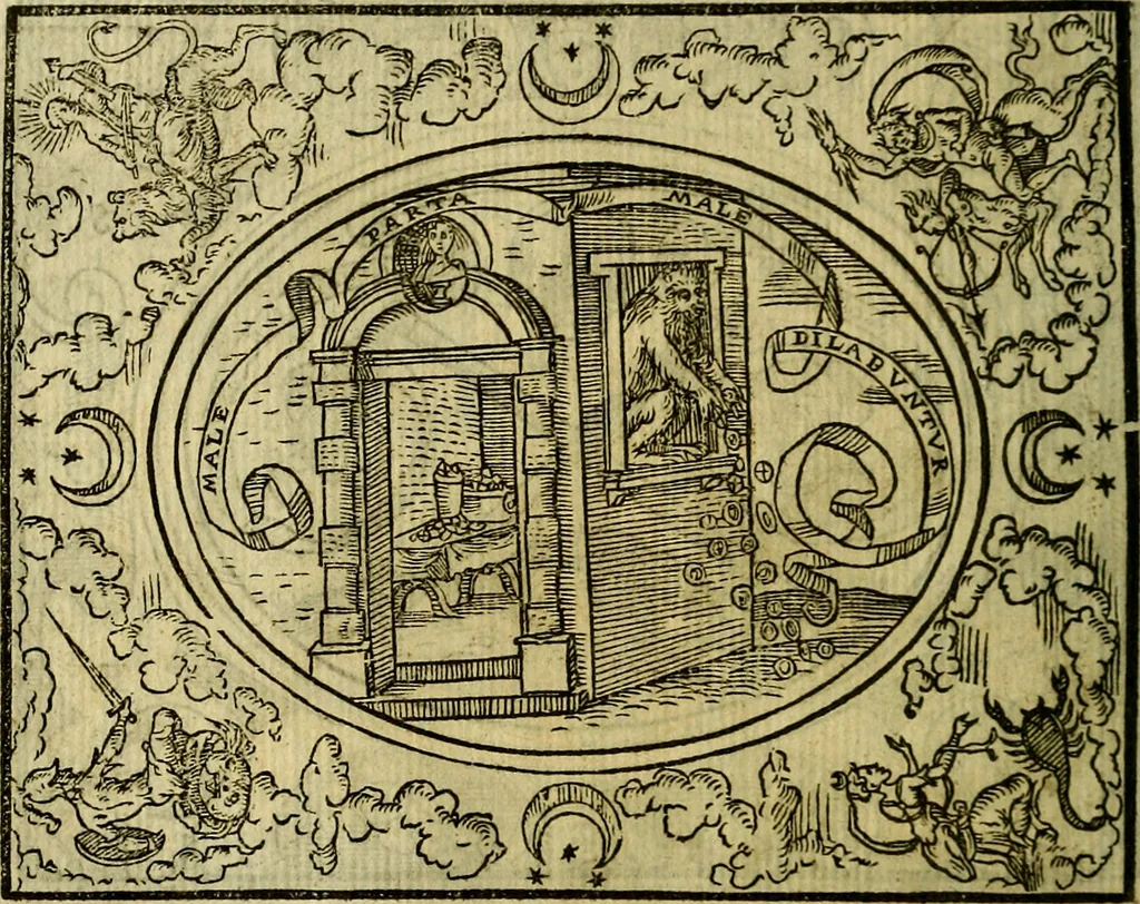 An illustration from La sententiose imprese, et dialogo del Symeone. Con la verificatione del sito di Gergobia, la geografia d'Ouernia, la figura & tempio d'Apolline in Velay; & il suo hieroglyfico monumento, natiuità, vita & epitaffio, 1560, leaf 49