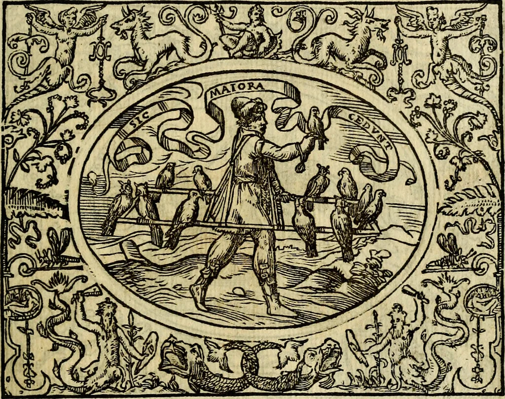 An illustration from La sententiose imprese, et dialogo del Symeone. Con la verificatione del sito di Gergobia, la geografia d'Ouernia, la figura & tempio d'Apolline in Velay; & il suo hieroglyfico monumento, natiuità, vita & epitaffio, 1560, leaf 50