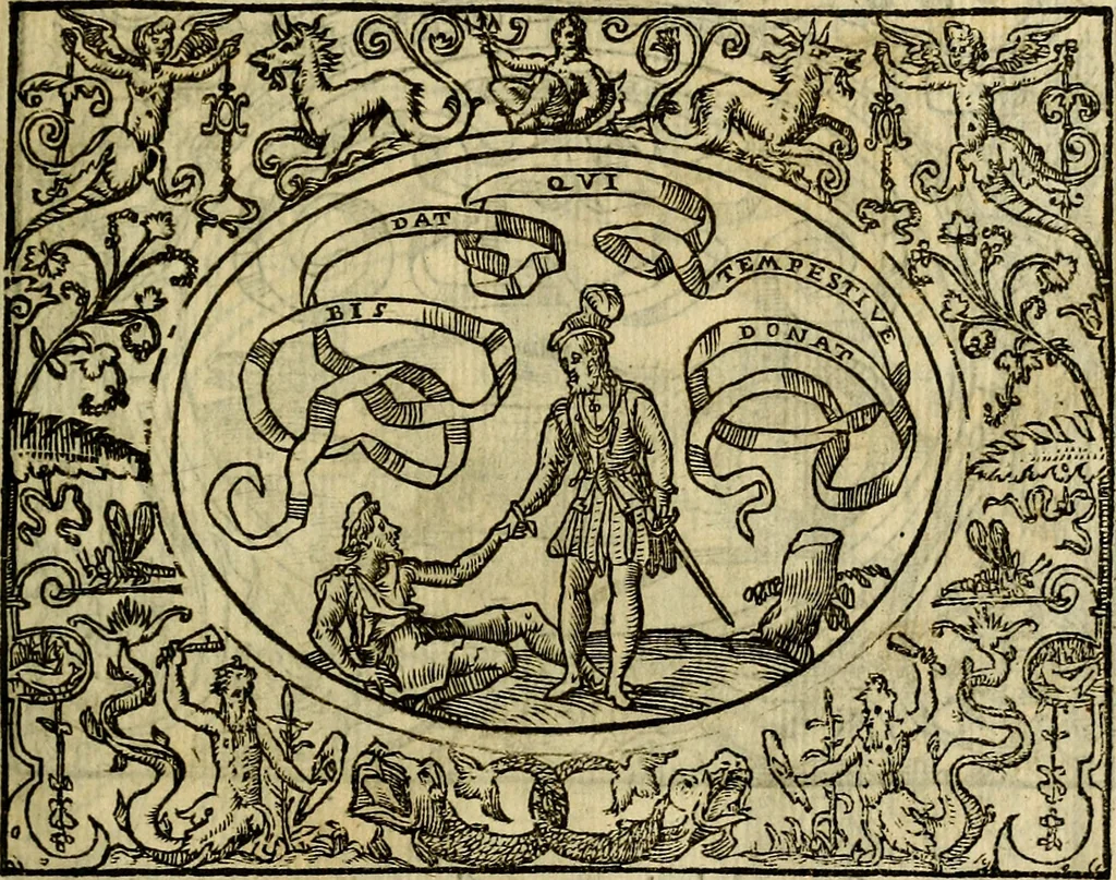 An illustration from La sententiose imprese, et dialogo del Symeone. Con la verificatione del sito di Gergobia, la geografia d'Ouernia, la figura & tempio d'Apolline in Velay; & il suo hieroglyfico monumento, natiuità, vita & epitaffio, 1560, leaf 52