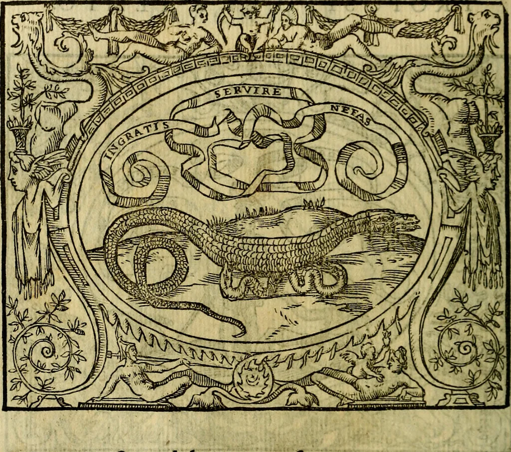 An illustration from La sententiose imprese, et dialogo del Symeone. Con la verificatione del sito di Gergobia, la geografia d'Ouernia, la figura & tempio d'Apolline in Velay; & il suo hieroglyfico monumento, natiuità, vita & epitaffio, 1560, leaf 53