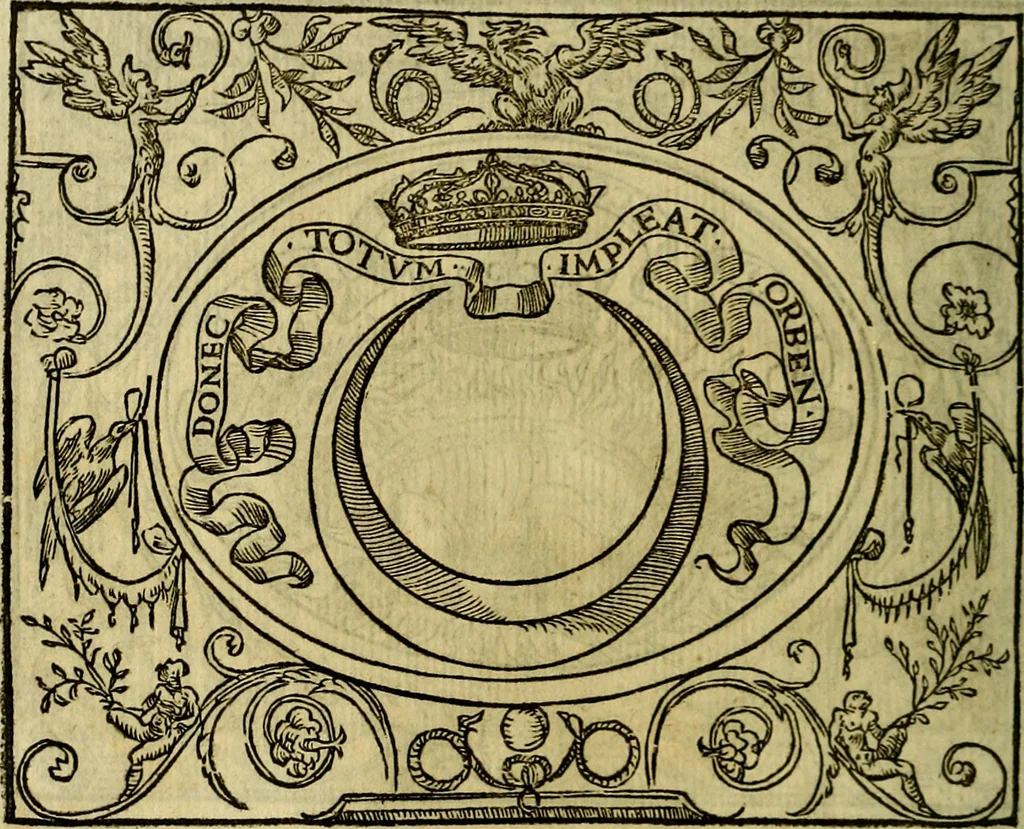 An illustration from La sententiose imprese, et dialogo del Symeone. Con la verificatione del sito di Gergobia, la geografia d'Ouernia, la figura & tempio d'Apolline in Velay; & il suo hieroglyfico monumento, natiuità, vita & epitaffio, 1560, leaf 57