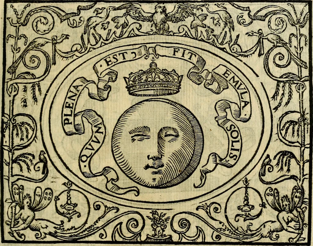 An illustration from La sententiose imprese, et dialogo del Symeone. Con la verificatione del sito di Gergobia, la geografia d'Ouernia, la figura & tempio d'Apolline in Velay; & il suo hieroglyfico monumento, natiuità, vita & epitaffio, 1560, leaf 58