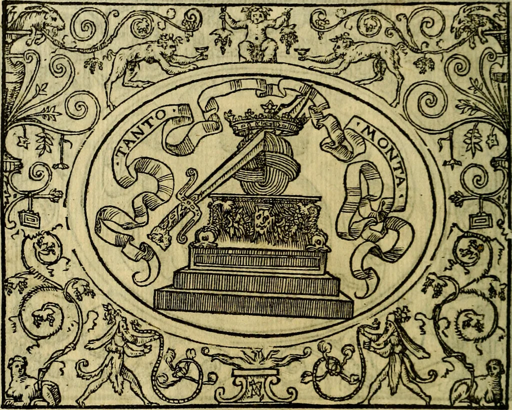An illustration from La sententiose imprese, et dialogo del Symeone. Con la verificatione del sito di Gergobia, la geografia d'Ouernia, la figura & tempio d'Apolline in Velay; & il suo hieroglyfico monumento, natiuità, vita & epitaffio, 1560, leaf 59