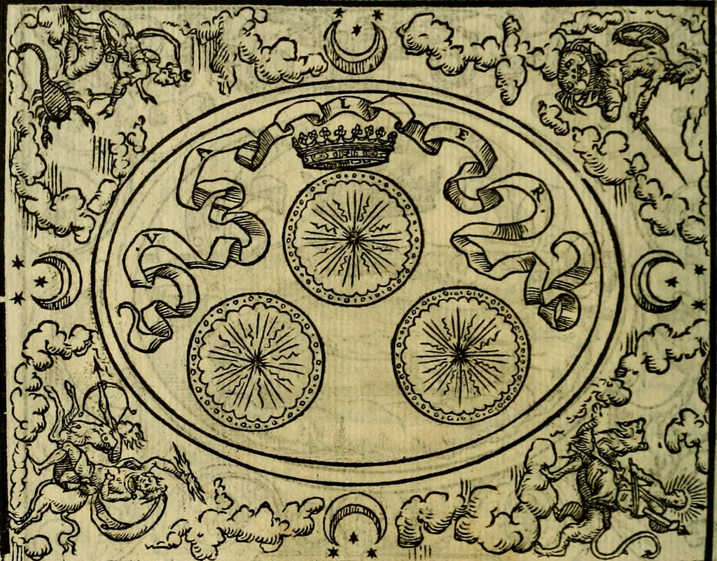 An illustration from La sententiose imprese, et dialogo del Symeone. Con la verificatione del sito di Gergobia, la geografia d'Ouernia, la figura & tempio d'Apolline in Velay; & il suo hieroglyfico monumento, natiuità, vita & epitaffio, 1560, leaf 61