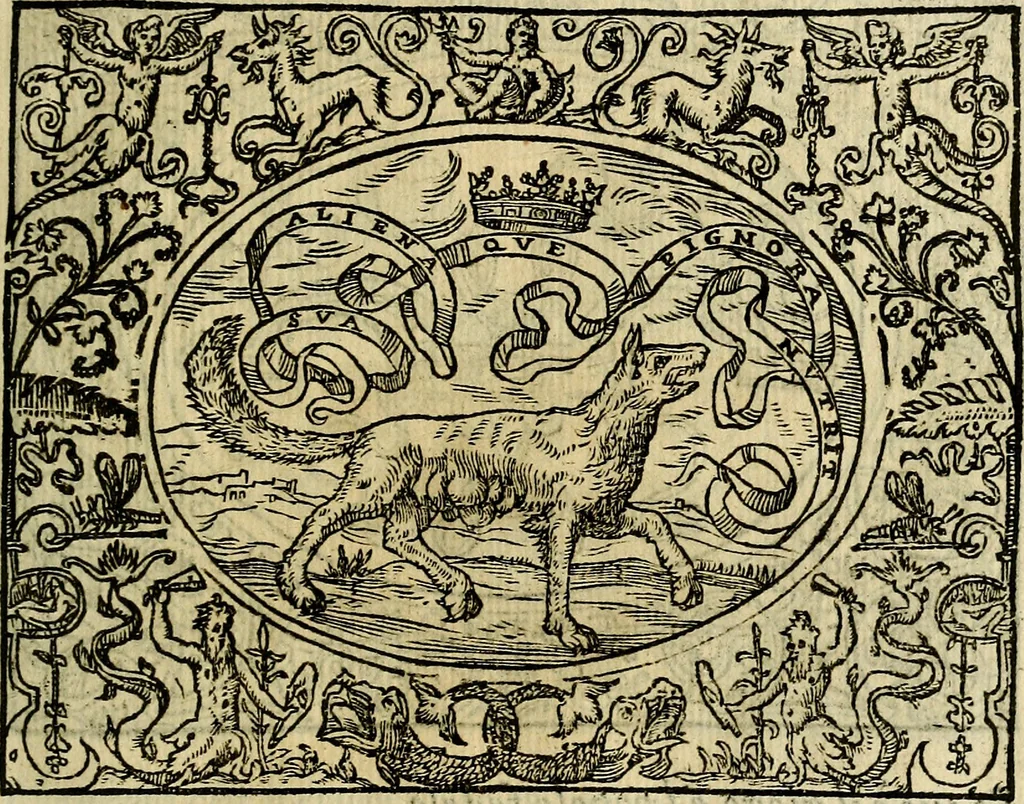 An illustration from La sententiose imprese, et dialogo del Symeone. Con la verificatione del sito di Gergobia, la geografia d'Ouernia, la figura & tempio d'Apolline in Velay; & il suo hieroglyfico monumento, natiuità, vita & epitaffio, 1560, leaf 64