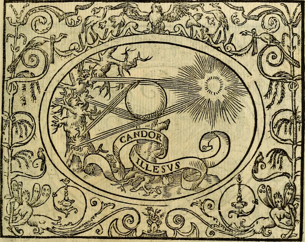 An illustration from La sententiose imprese, et dialogo del Symeone. Con la verificatione del sito di Gergobia, la geografia d'Ouernia, la figura & tempio d'Apolline in Velay; & il suo hieroglyfico monumento, natiuità, vita & epitaffio, 1560, leaf 66