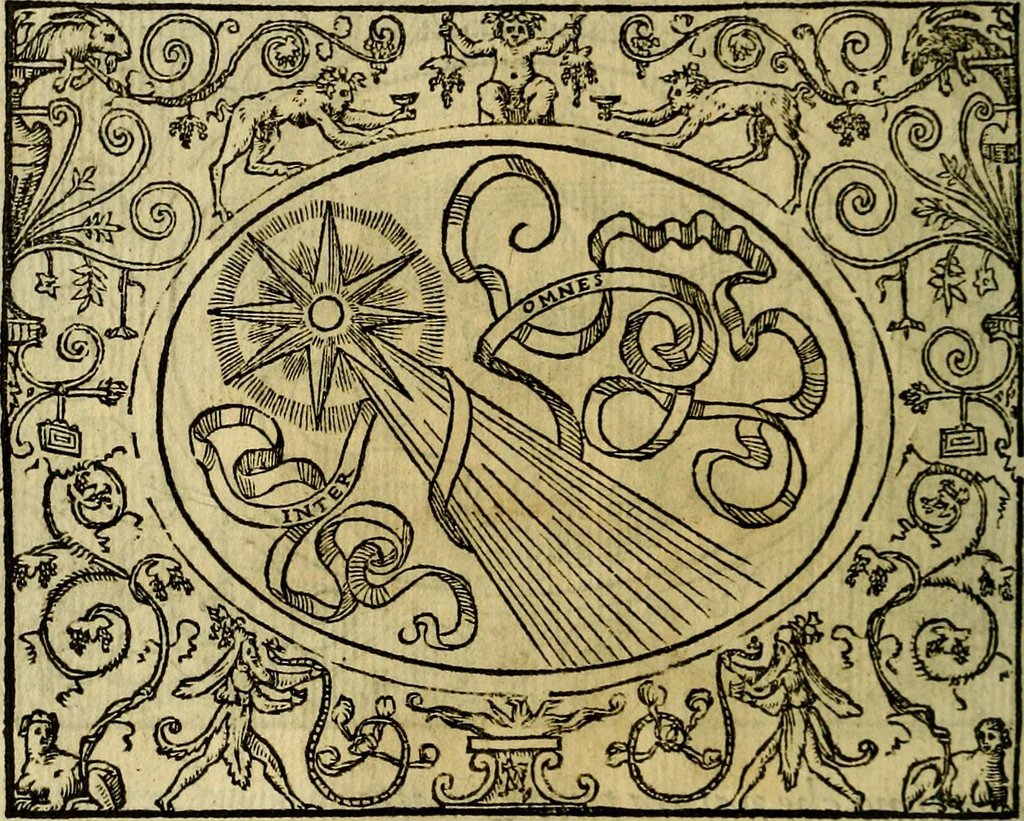 An illustration from La sententiose imprese, et dialogo del Symeone. Con la verificatione del sito di Gergobia, la geografia d'Ouernia, la figura & tempio d'Apolline in Velay; & il suo hieroglyfico monumento, natiuità, vita & epitaffio, 1560, leaf 67