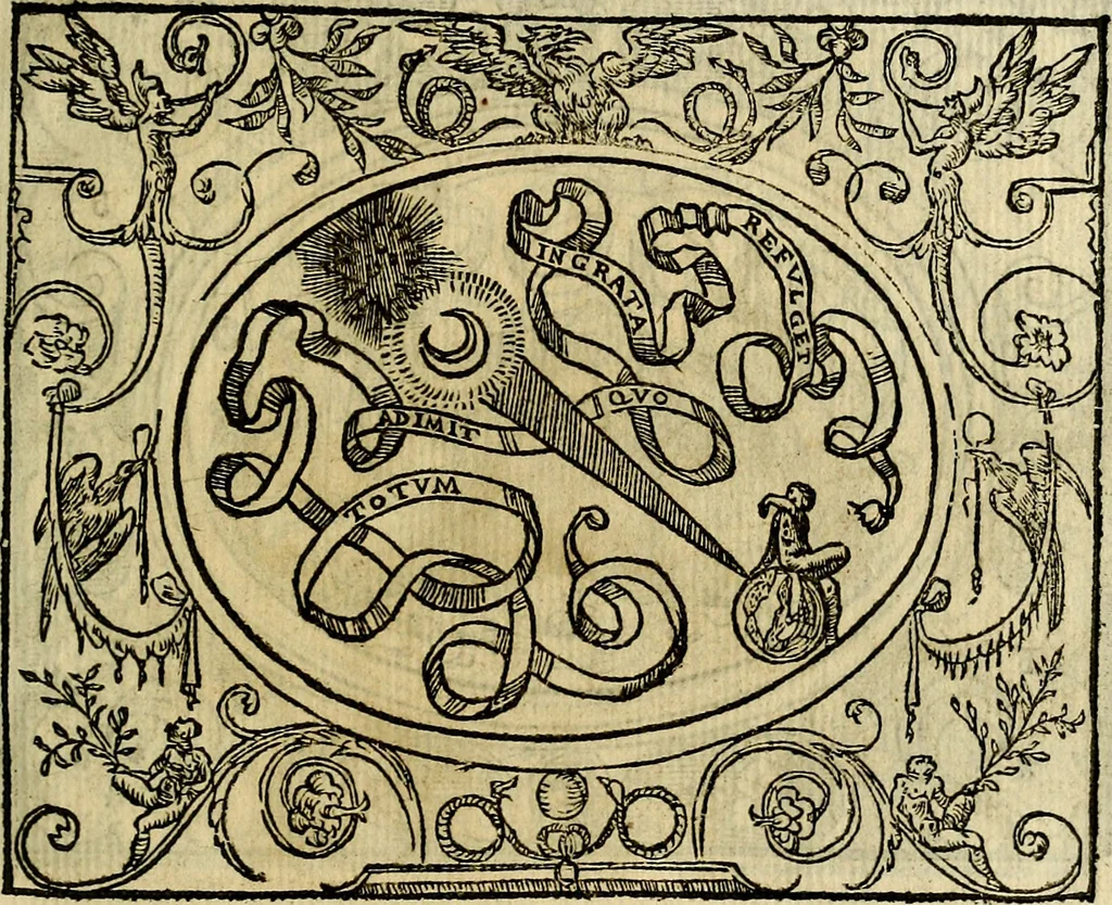 An illustration from La sententiose imprese, et dialogo del Symeone. Con la verificatione del sito di Gergobia, la geografia d'Ouernia, la figura & tempio d'Apolline in Velay; & il suo hieroglyfico monumento, natiuità, vita & epitaffio, 1560, leaf 68