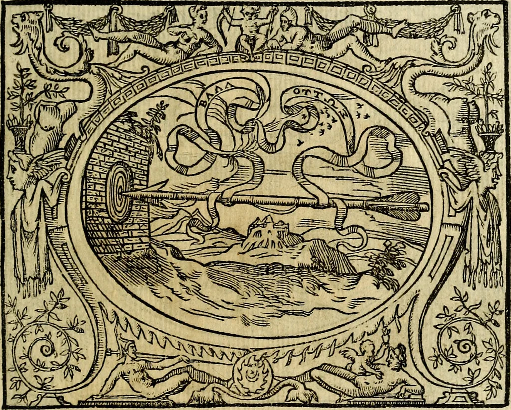 An illustration from La sententiose imprese, et dialogo del Symeone. Con la verificatione del sito di Gergobia, la geografia d'Ouernia, la figura & tempio d'Apolline in Velay; & il suo hieroglyfico monumento, natiuità, vita & epitaffio, 1560, leaf 72