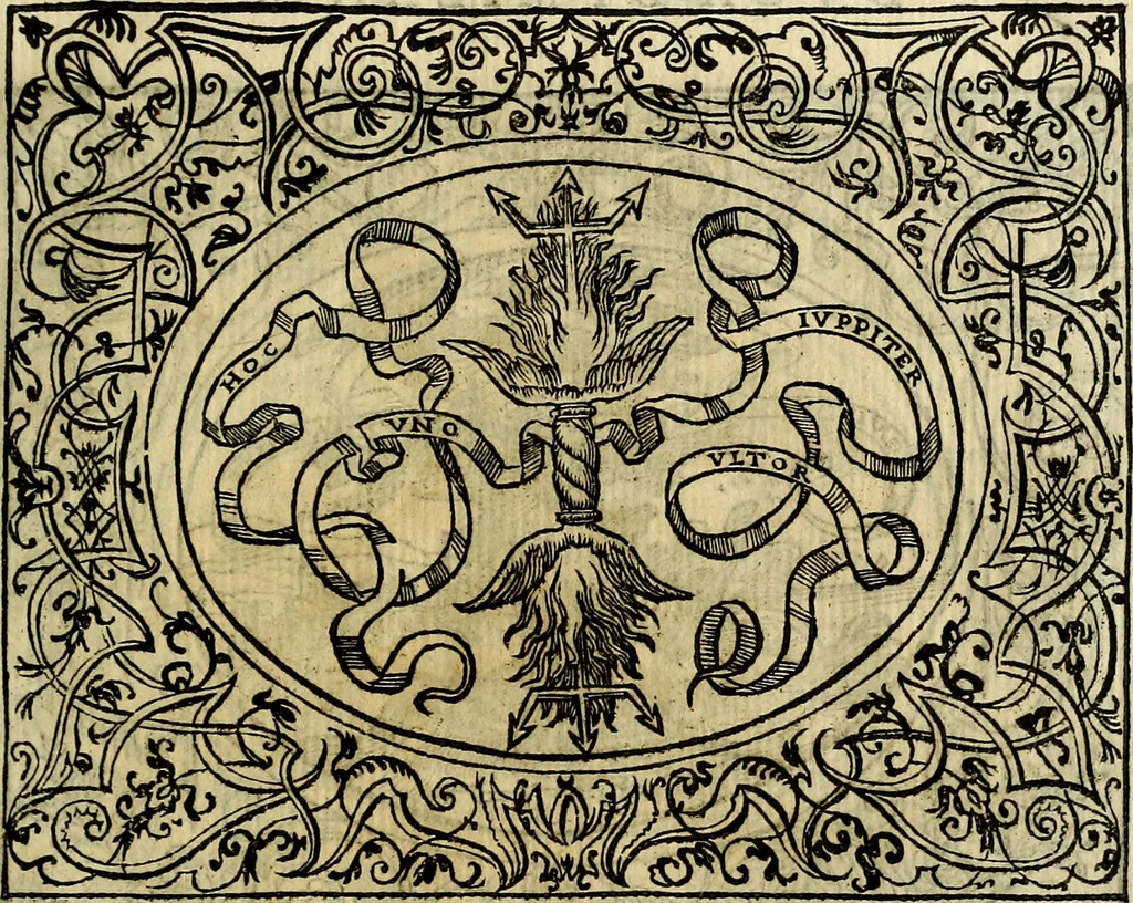 An illustration from La sententiose imprese, et dialogo del Symeone. Con la verificatione del sito di Gergobia, la geografia d'Ouernia, la figura & tempio d'Apolline in Velay; & il suo hieroglyfico monumento, natiuità, vita & epitaffio, 1560, leaf 74