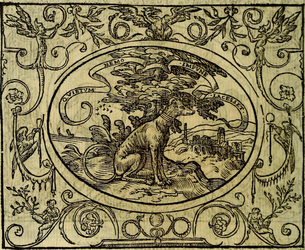 An illustration from La sententiose imprese, et dialogo del Symeone. Con la verificatione del sito di Gergobia, la geografia d'Ouernia, la figura & tempio d'Apolline in Velay; & il suo hieroglyfico monumento, natiuità, vita & epitaffio, 1560, leaf 75