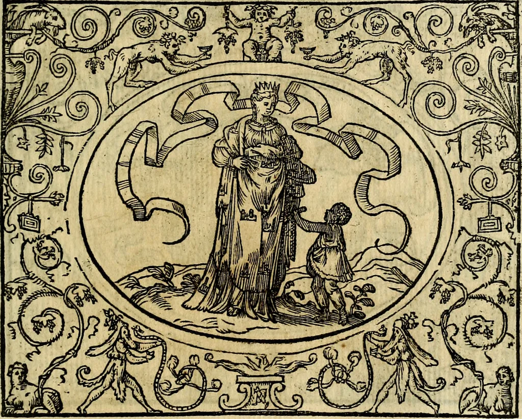 An illustration from La sententiose imprese, et dialogo del Symeone. Con la verificatione del sito di Gergobia, la geografia d'Ouernia, la figura & tempio d'Apolline in Velay; & il suo hieroglyfico monumento, natiuità, vita & epitaffio, 1560, leaf 76