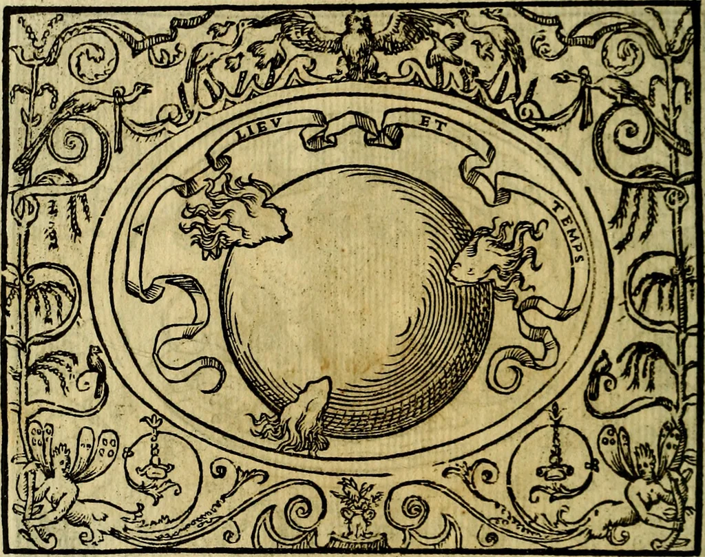 An illustration from La sententiose imprese, et dialogo del Symeone. Con la verificatione del sito di Gergobia, la geografia d'Ouernia, la figura & tempio d'Apolline in Velay; & il suo hieroglyfico monumento, natiuità, vita & epitaffio, 1560, leaf 77