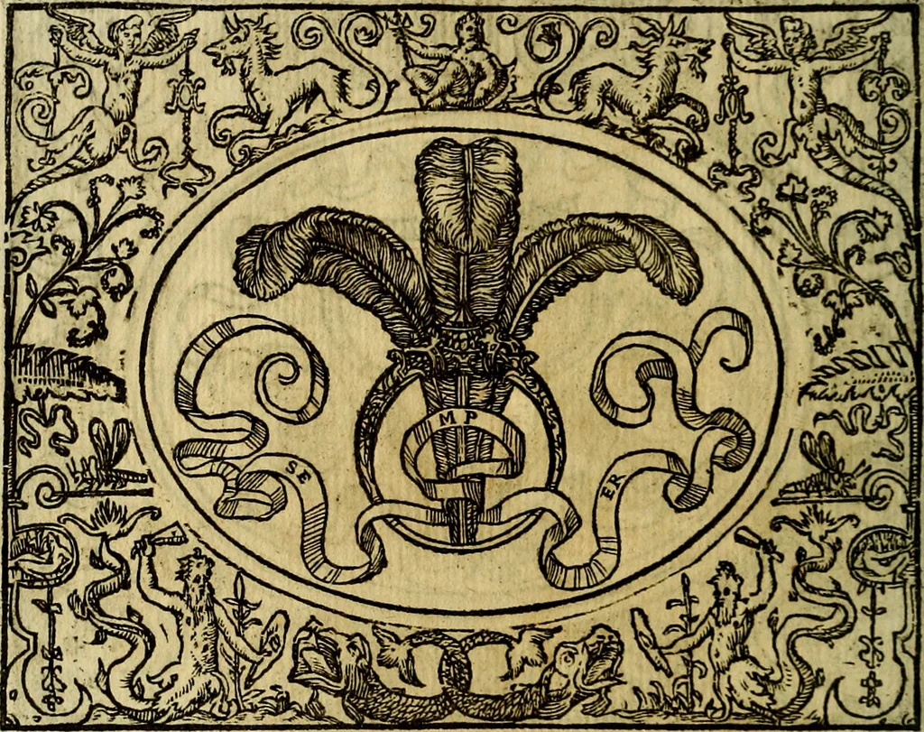 An illustration from La sententiose imprese, et dialogo del Symeone. Con la verificatione del sito di Gergobia, la geografia d'Ouernia, la figura & tempio d'Apolline in Velay; & il suo hieroglyfico monumento, natiuità, vita & epitaffio, 1560, leaf 79